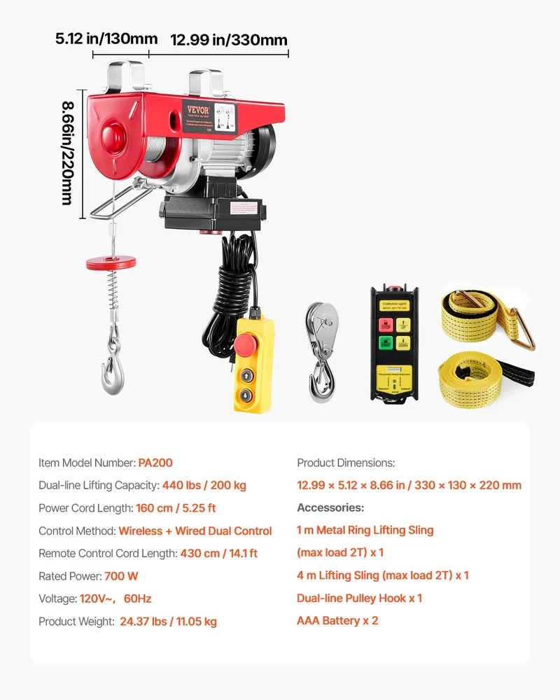 VEVOR Polipasto Eléctrico 440lb 120V 328pies 14pies 40pies