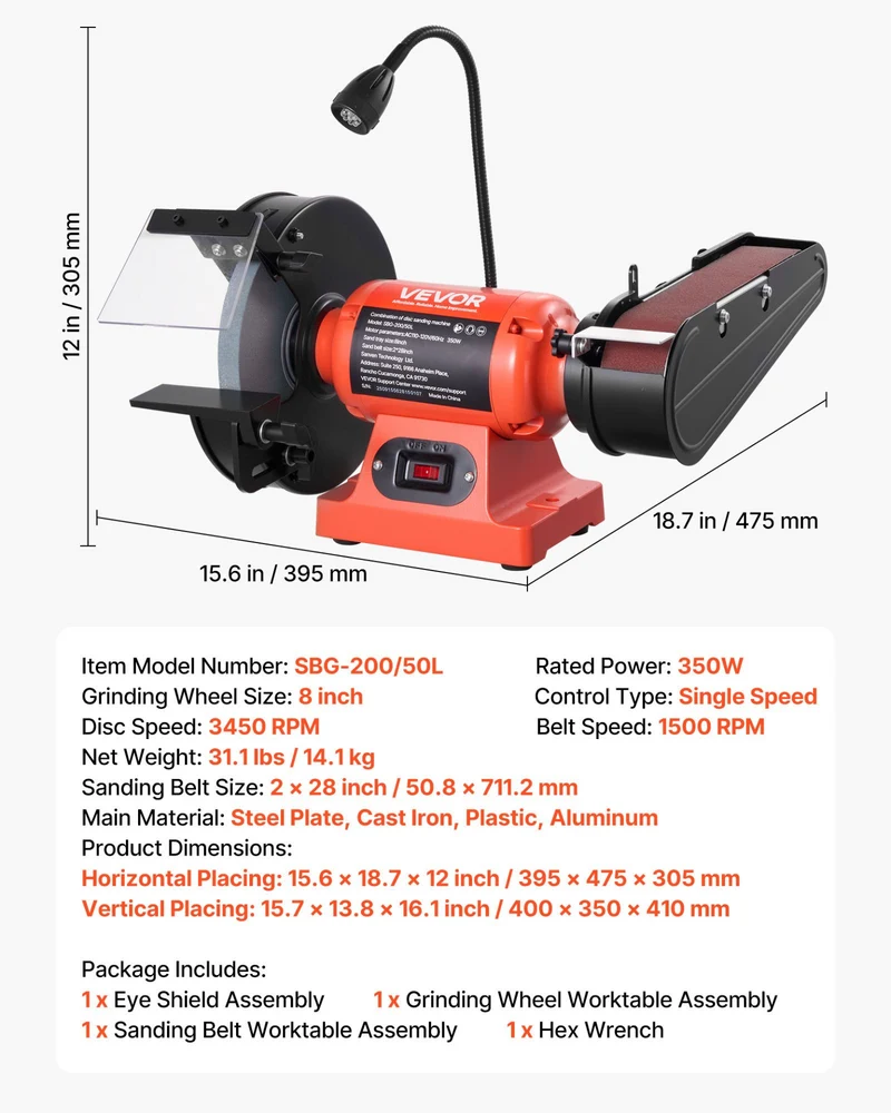 VEVOR Esmeril De Banco Y Lijadora De Banda 350W Para Taller