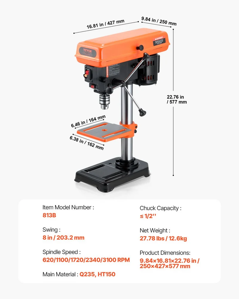 VEVOR Taladro De Banco 3100RPM 8in 0-45 Para Uso Profesional