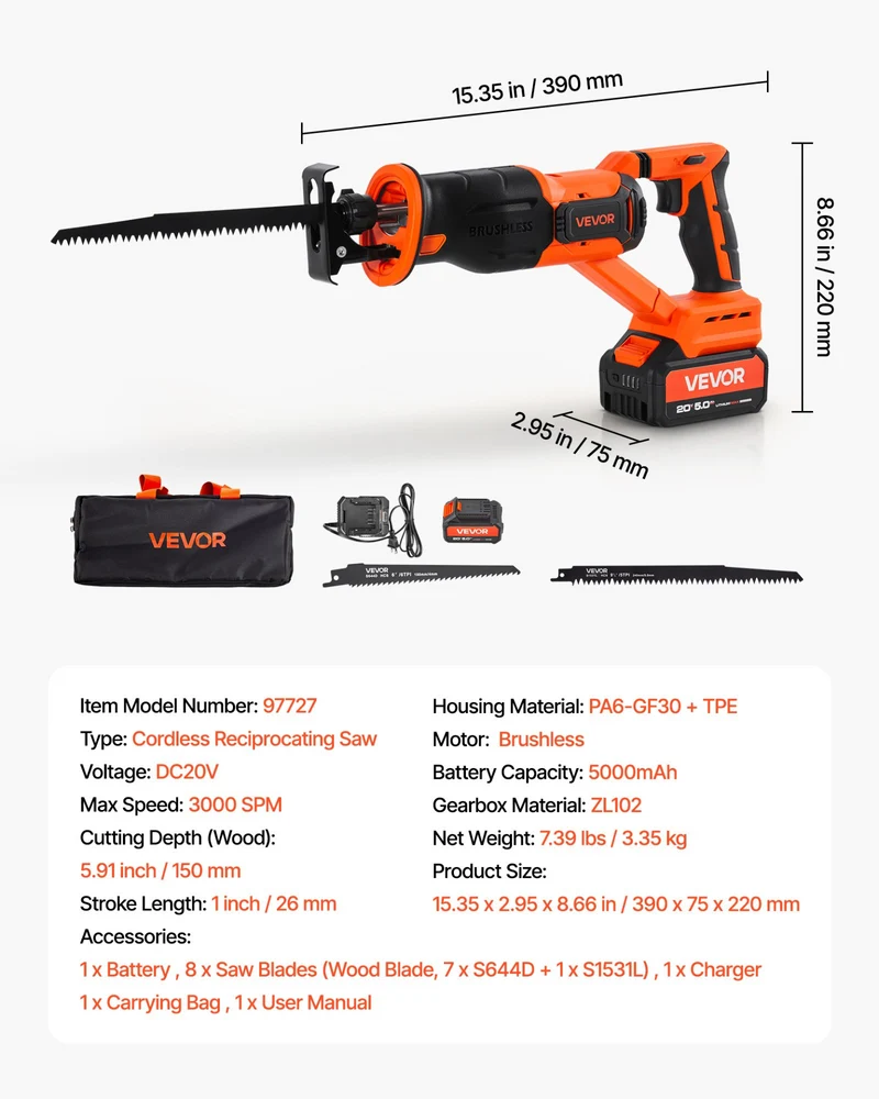 VEVOR Sierra Sable Inalámbrica 20V 1inch Para Trabajo Pesado