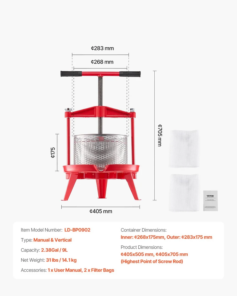 VEVOR Prensa Manual Para Fruta 2.38Gal 9L De Uso Comercial