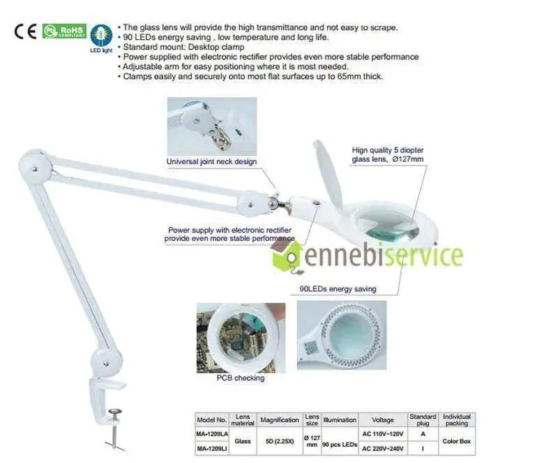 Lampada a braccio a led con lente con tappo 5 diotrie 90 leds - 2,25x Ennebiservice