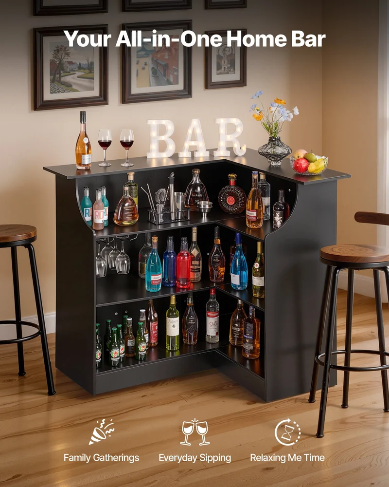 Mueble bar VEVOR hogar forma L 4 niveles copas 136 kg madera