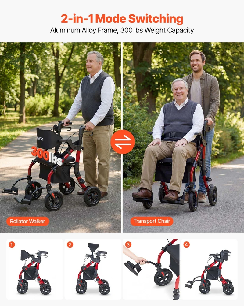 Andador y silla de transporte VEVOR 2 1 ruedas PU 300 libras
