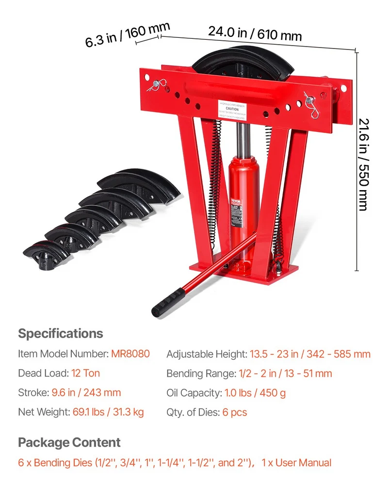 VEVOR Dobladora Hidráulica De Tubos 12Ton 90-180 Para Taller