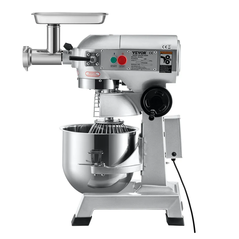 Batidora comercial de pedestal VEVOR, tazón de acero inoxidable de 20 Qt, 1100W, multifuncional 2 en 1 con molino para carne y 3 velocidades, incluye gancho, globo y paleta, ideal para panadería y pizzería