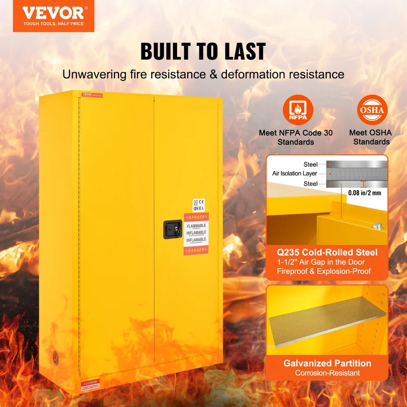 Gabinete de seguridad VEVOR para inflamables, 45 galones, acero laminado en frío, 42.9 x 18.1 x 65.2 in, a prueba de explosión, con 2 repisas ajustables y 2 puertas manuales para uso industrial, amarillo