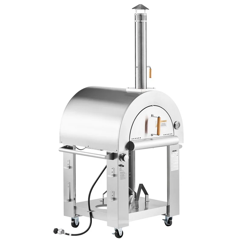 Horno para pizza VEVOR de doble combustible, portátil de 26 in, funciona con pellets y gas, con piedra de cordierita reforzada, fácil de mover con ruedas, para camping y patio