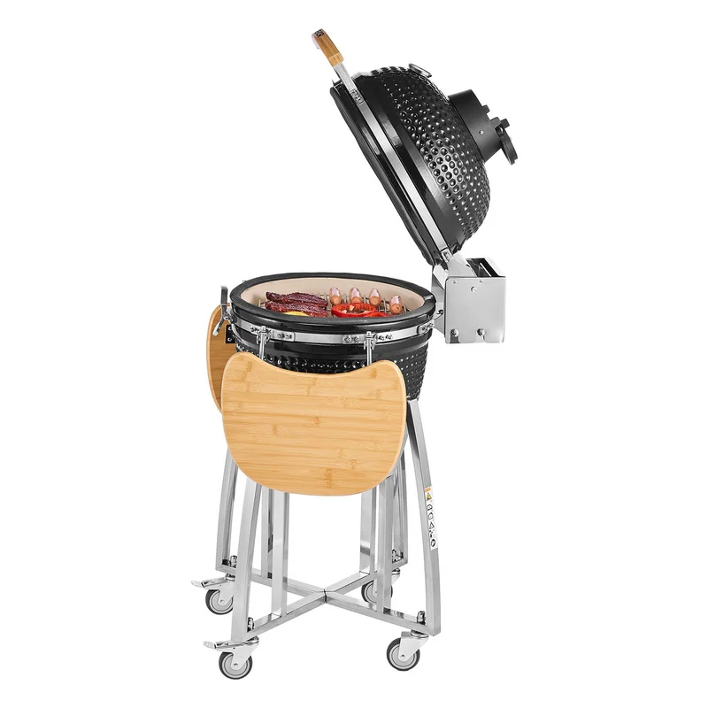 Ahumador y asador de carbón VEVOR, kamado de 18", asador de cerámica con ruedas (2 con freno), termómetro integrado, ventilas y repisa lateral, para patio y jardín