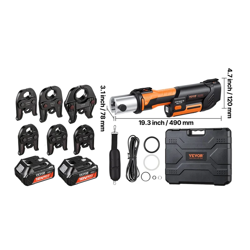 Prensadora VEVOR, herramienta eléctrica de 18V para prensar tubo de cobre de 1/2", 3/4", 1", 1 1/4", 1 1/2" y 2", kit de 32KN compatible con ProPress, motor sin escobillas, 6 mordazas VUS y 2 baterías de 4AH