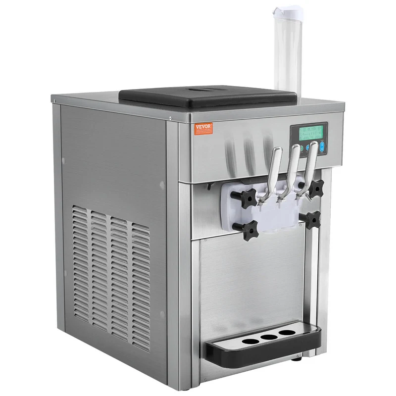 Máquina de helado comercial VEVOR, rendimiento de 21 QT/H, 1800W, máquina de helado suave de 3 sabores para mostrador, 2 tolvas de 4L y 2 cilindros de 1.8L, panel LCD, autolavado y preenfriado, para restaurante y snack bar