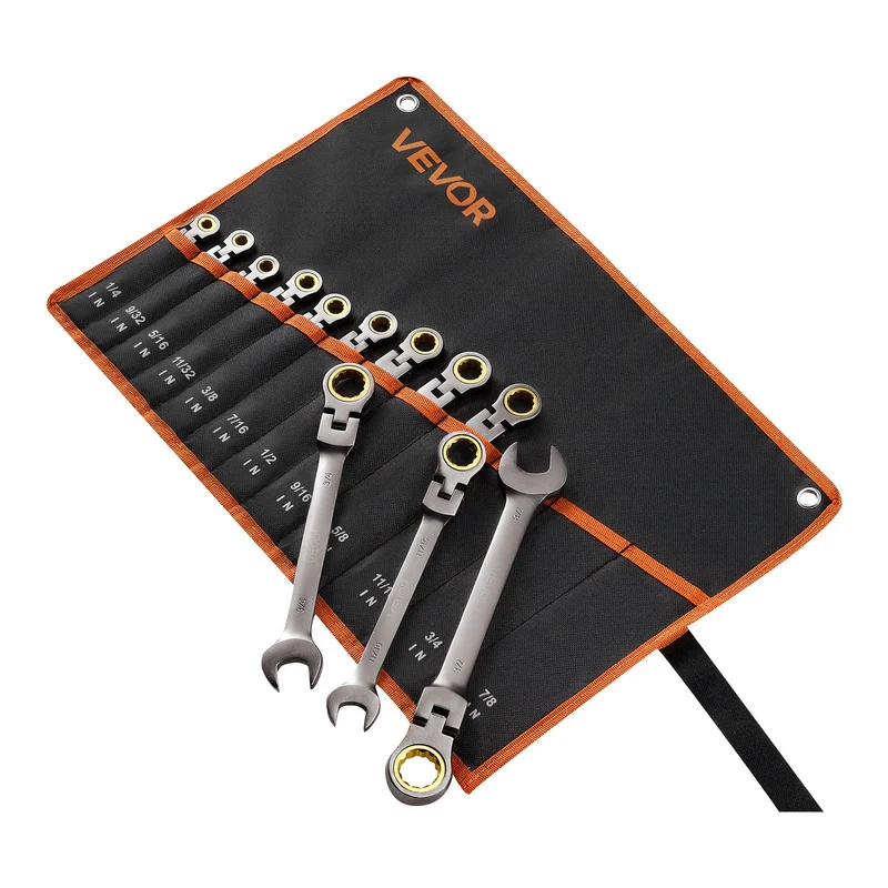 Juego de llaves de matraca VEVOR con cabeza flexible, 12 piezas en medidas SAE, 72 dientes, acero Cr-V, juego de llaves combinadas con estuche enrollable, para reparaciones domésticas y automotrices, níquel gris