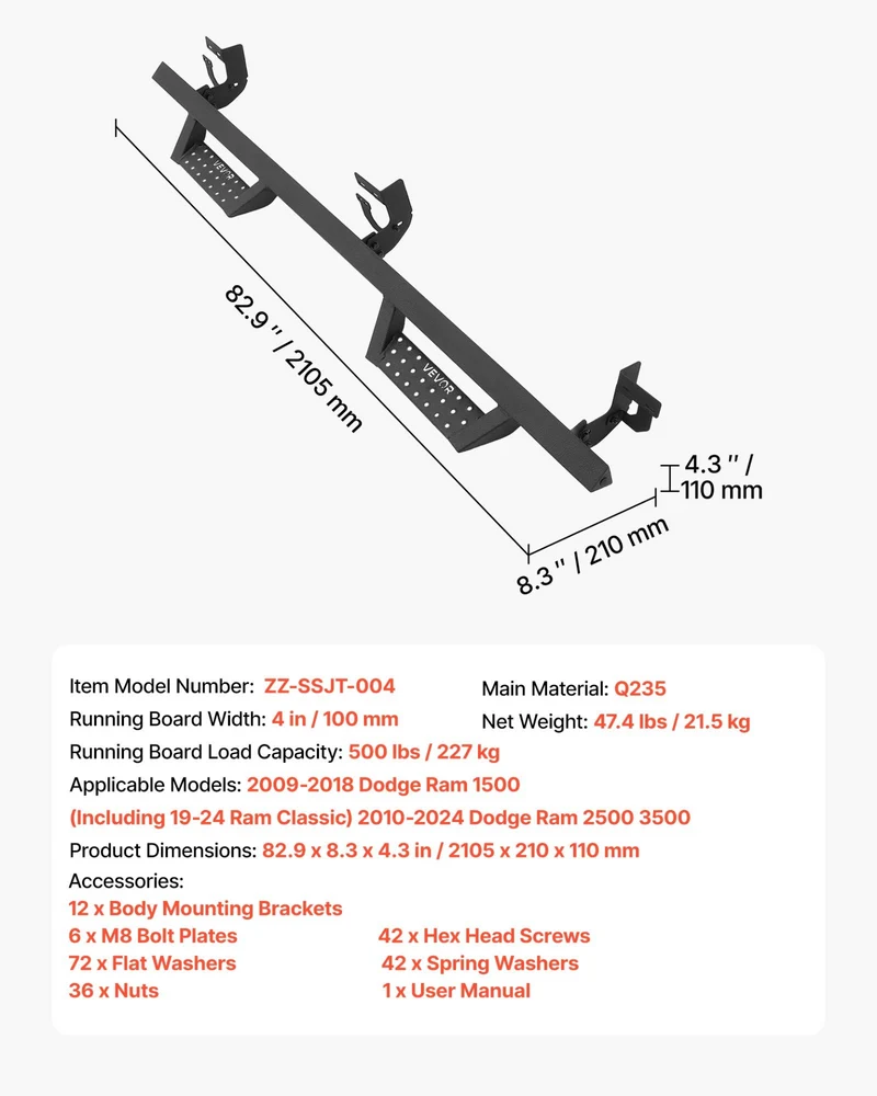 Estribos VEVOR de 4 in, escalones laterales compatibles con Dodge Ram 1500 2009-2018 (incluye Classic 19-24) y Ram 2500/3500 Crew Cab 2010-2024, barras de acero al carbono negro, capacidad de 550 lbs