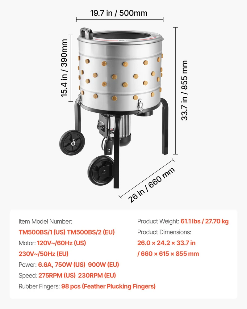 VEVOR Desplumadora Eléctrica De Pollos 750W 275RPM 19.7in Us