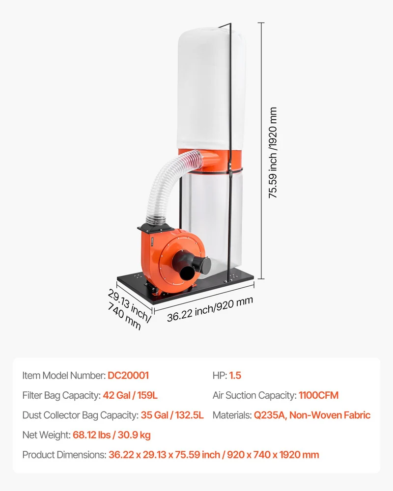 VEVOR Colector De Polvo 1100CFM 1.5HP 3400RPM Trabajo Pesado