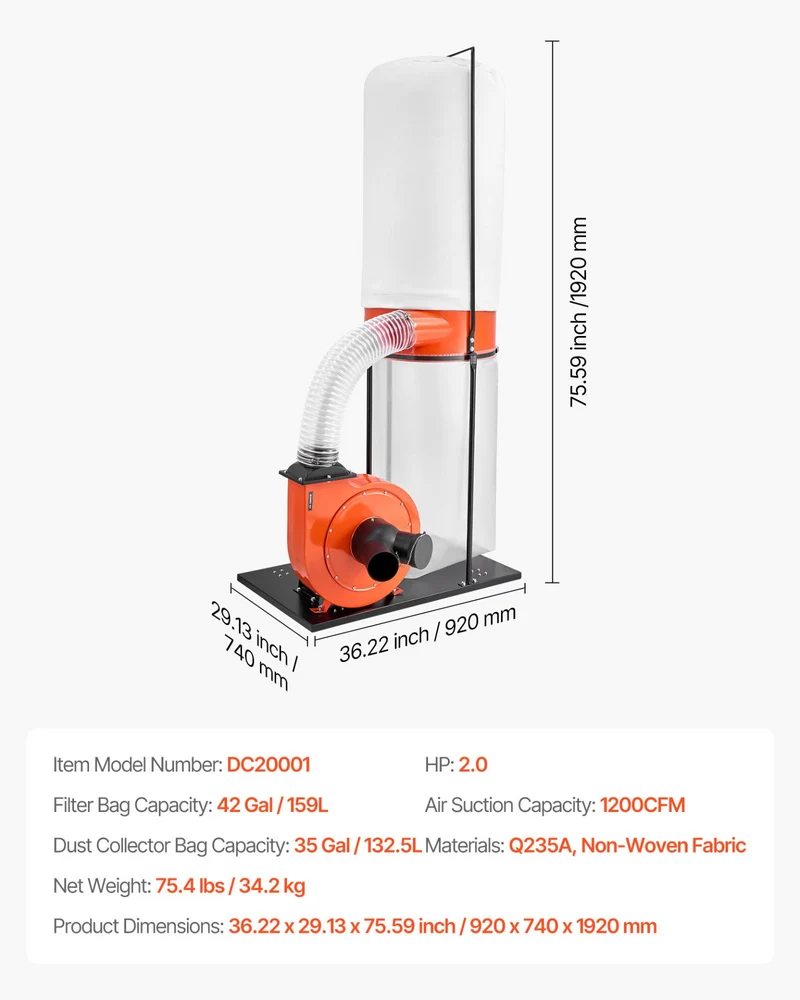 VEVOR Colector De Polvo 1200CFM 2.0HP 3400RPM Trabajo Pesado