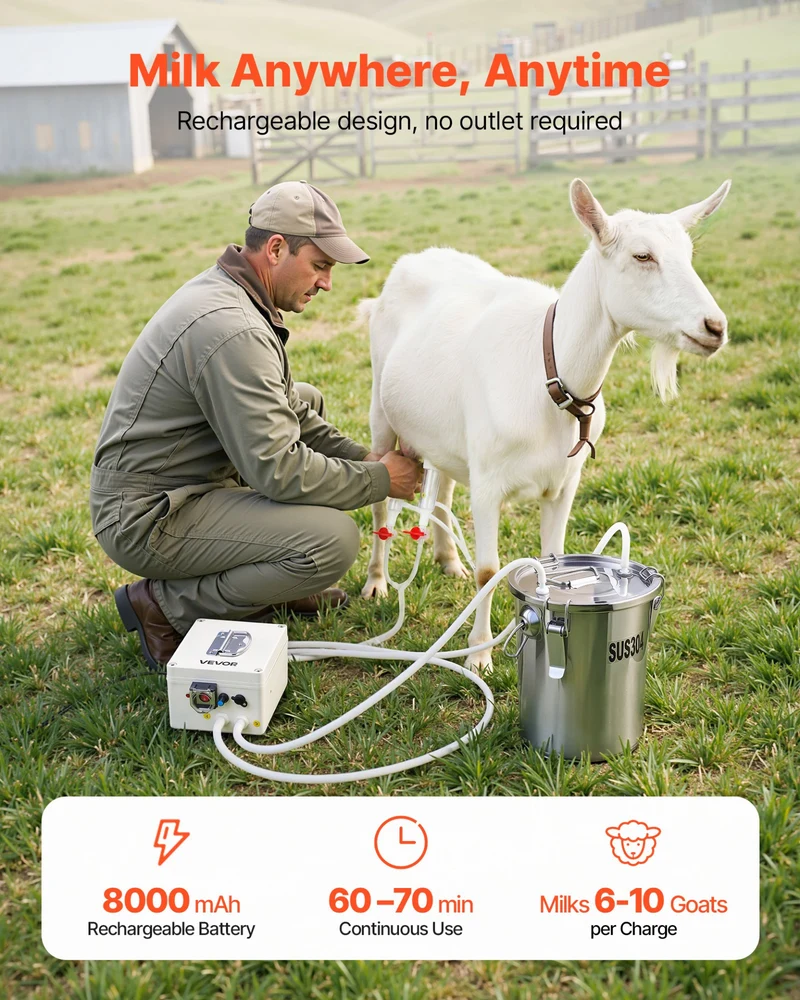 Ordeñadora VEVOR cabras cubeta acero grado 7 L 1,8 gal 4 mAh