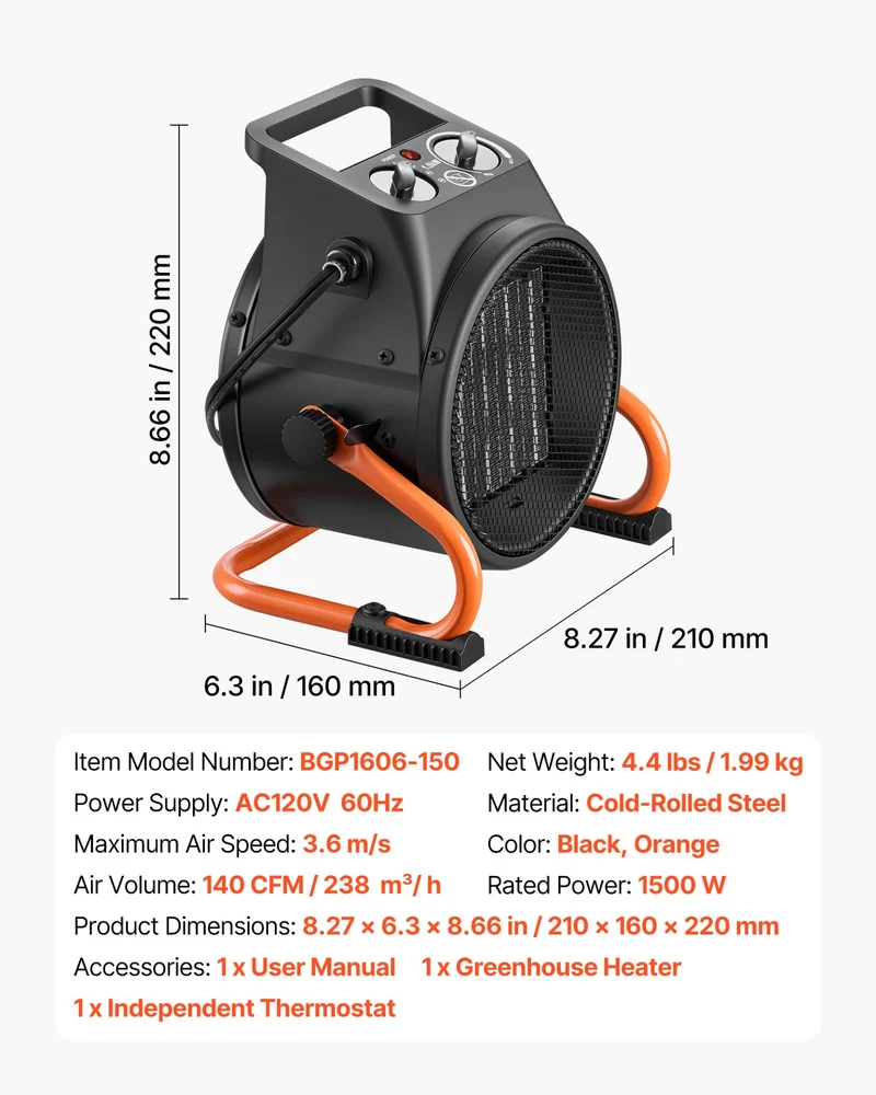 Calefactor VEVOR para invernadero, 1500W eléctrico PTC con termostato, ventilador, modos de calor bajo y alto, ángulo ajustable de 15°, protección contra sobrecalentamiento, para carpa de cultivo, invernadero y oficina