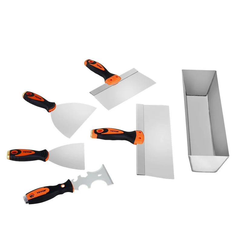 Juego de espátulas VEVOR para tablaroca, 6 piezas: raspador de pintor de 3", dos espátulas, dos llanas de 8" y 12" y charola de 12", acero inoxidable, herramientas de acabado para el hogar
