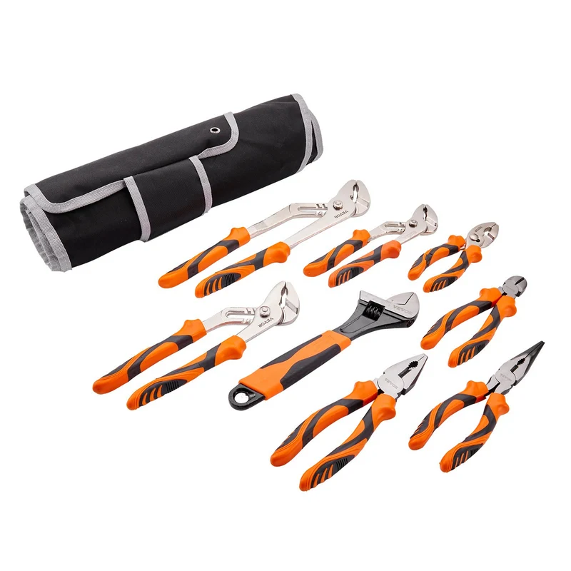 Juego de pinzas VEVOR de 8 piezas, acero de alto carbono, pinzas de extensión 12"/10"/8", pinzas de electricista 8", pinzas de presión 6", pinzas de punta larga 8", corta cable 6", llave ajustable 10" y bolsa