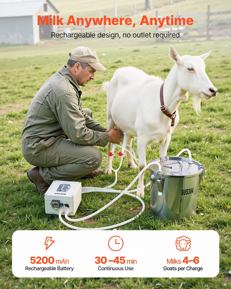 Ordeñadora VEVOR cabras cubeta acero grado 3 L 0,8 gal mAh 2