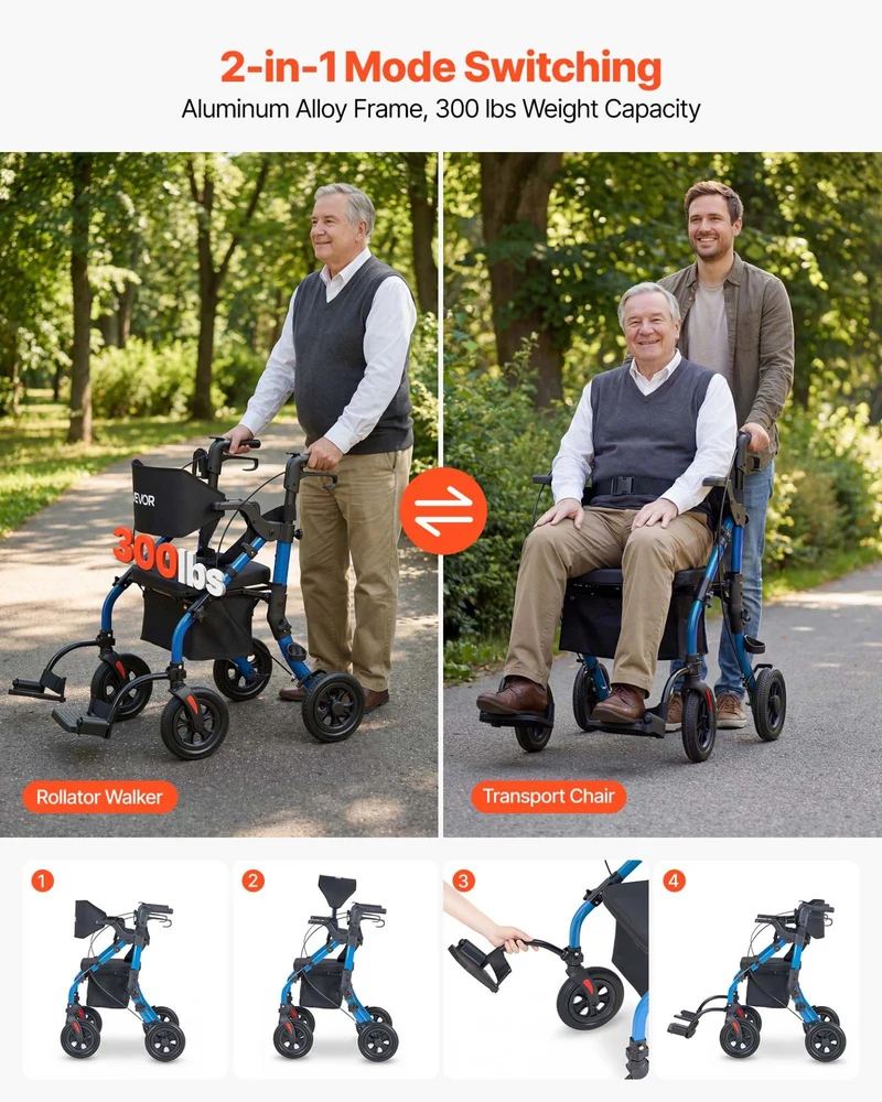 Andador y silla de transporte VEVOR 2 1 ayuda 136 kg 300 lbs