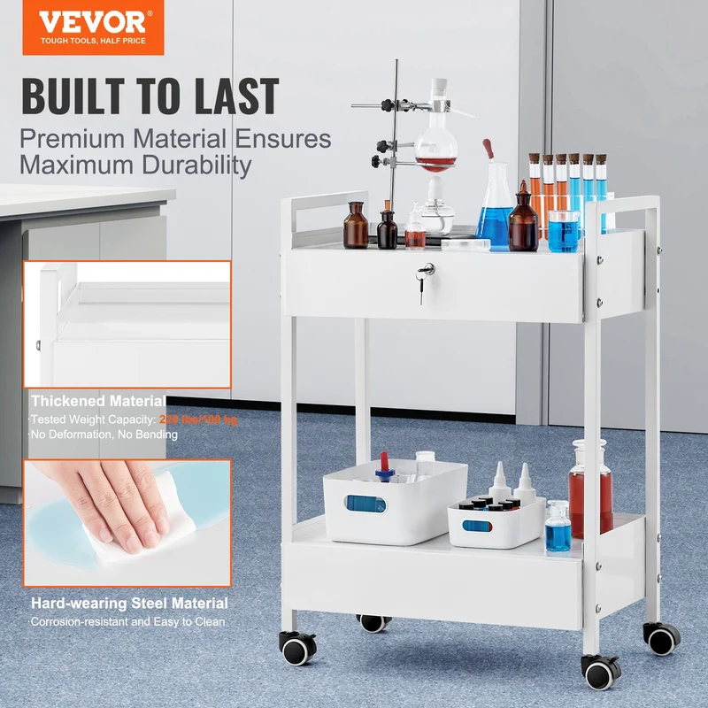 Carro de laboratorio VEVOR acero 2 niveles médico 2 cajones